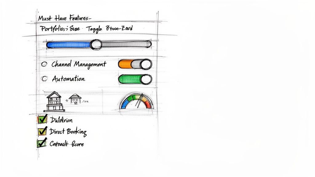 A hand-drawn sketch detailing 'Must Have Features' for a software interface, including sliders, toggles, and checklists.