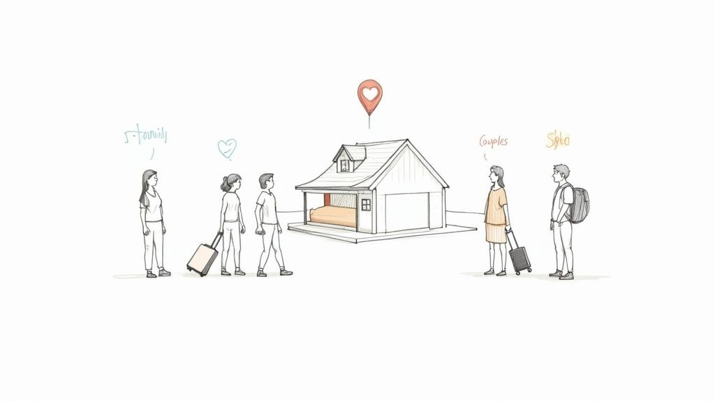 Different types of vacation rental guests approaching house with location pin marker above