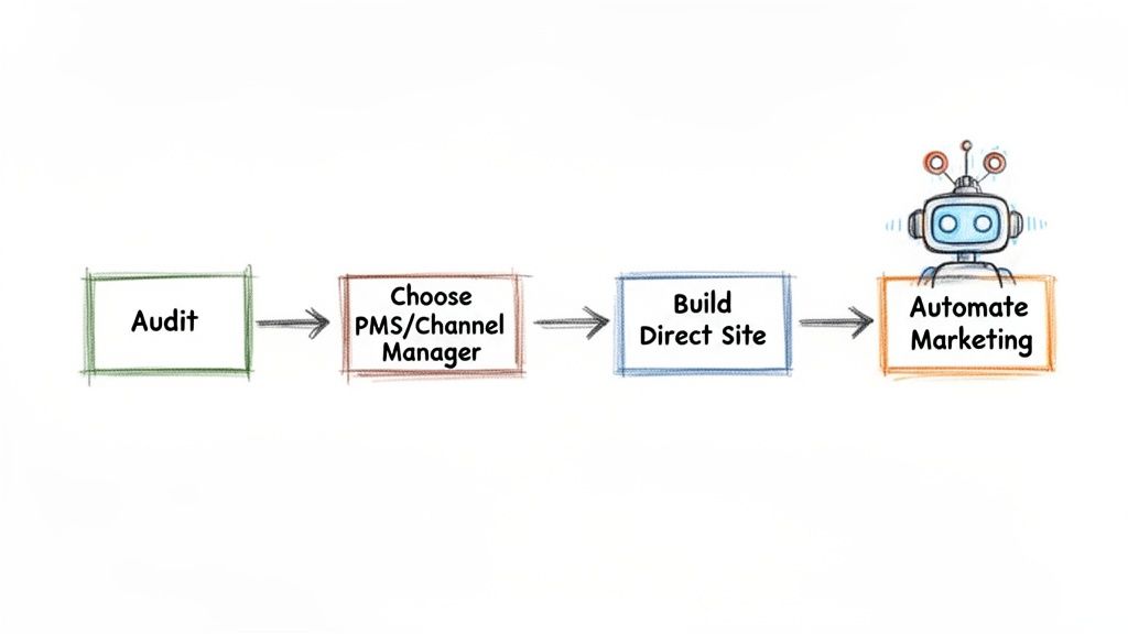 A flowchart illustrating the steps to automate marketing, including audit, PMS/channel manager, and building a direct site.