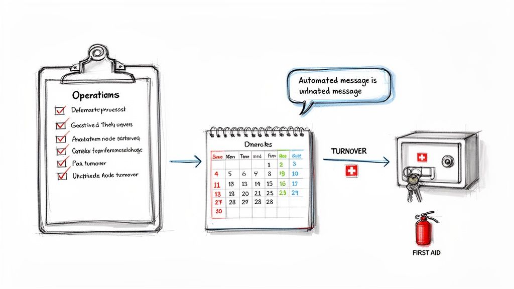 Hand-drawn workflow showing an operations checklist, calendar, automated message, and a turnover safe with first aid.