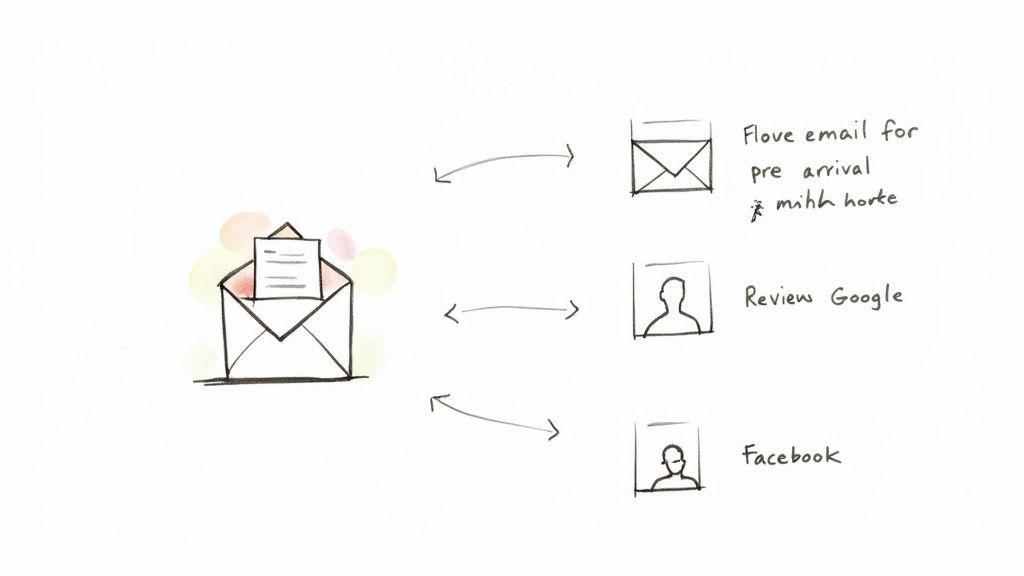 Hand-drawn diagram illustrating customer communication channels including email, Google reviews, and Facebook.