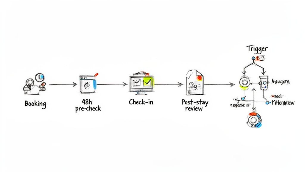A diagram illustrating a customer journey workflow from booking to post-stay review and triggers.
