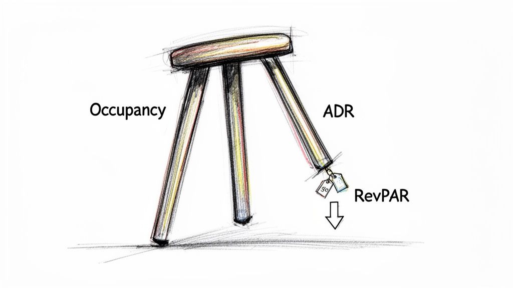 A three-legged stool diagram illustrating the relationship between Occupancy, ADR, and RevPAR metrics.