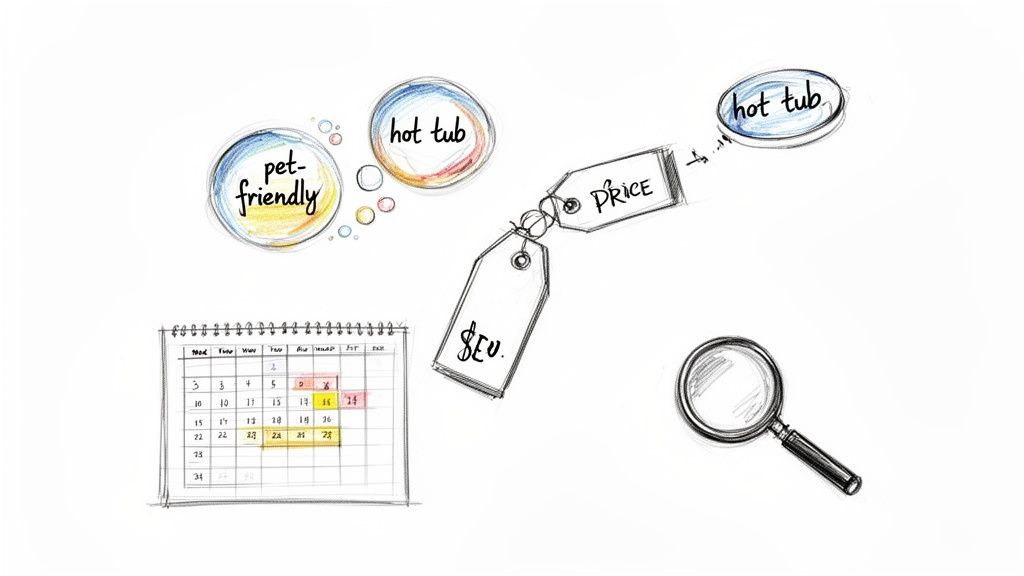 A sketch showing vacation rental search filters: pet-friendly, hot tub, price, calendar availability, and a magnifying glass.