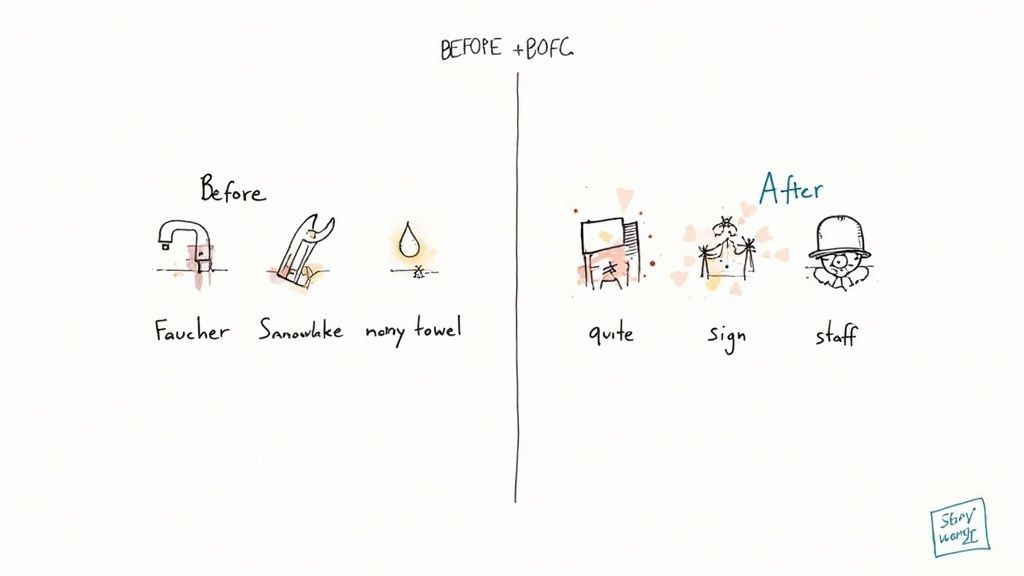 Before-and-after illustration with labeled objects and concepts.