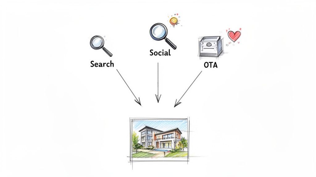 Diagram showing Search, Social, and OTA channels directing to a vacation rental property.