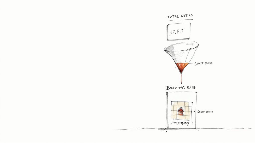 Hand-drawn conversion funnel diagram showing website traffic flow from total users to booking rate.