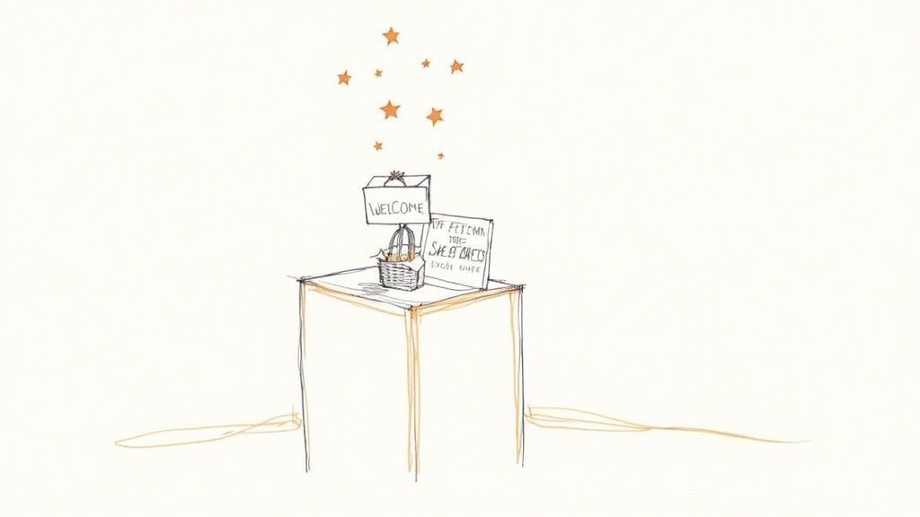 A beautifully arranged welcome basket with local snacks and a note on a table in a short-term rental.