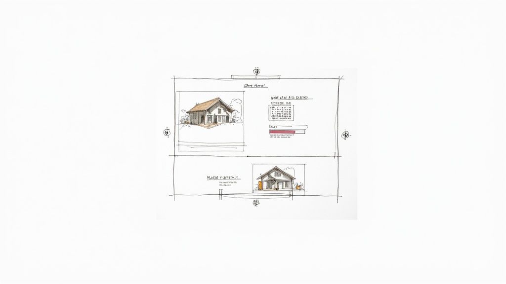 A hand-drawn architectural sketch showing two small houses, one with a reddish roof, and text diagrams.