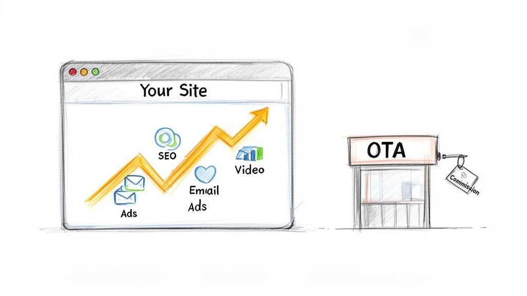 Sketch of a website showing marketing growth from SEO, ads, email, video, contrasted with an OTA booth taking commission.