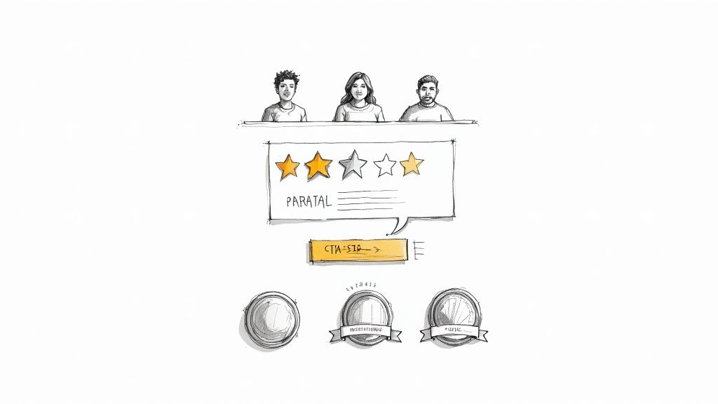 Hand-drawn sketch illustrating user feedback with star ratings, a CTA button, and professional badges.