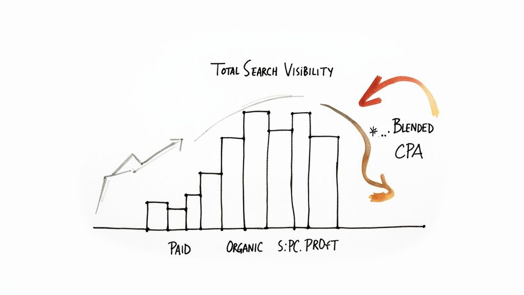 Bar chart showing total search visibility growth from paid, organic, and sponsored profit with blended CPA annotation