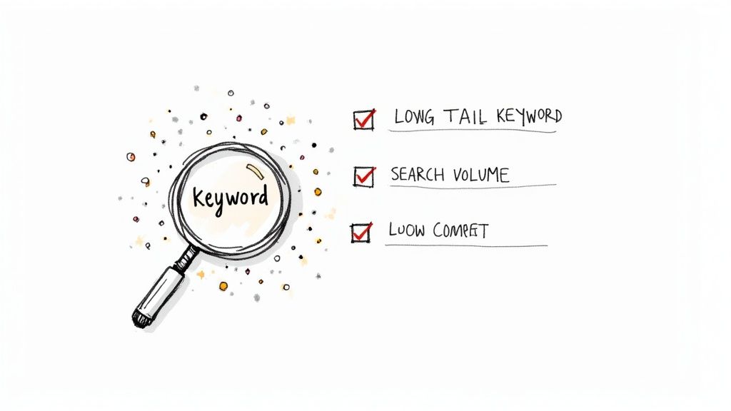 Illustration of a magnifying glass on 'keyword' with a checklist for long tail, search volume, and low competition.