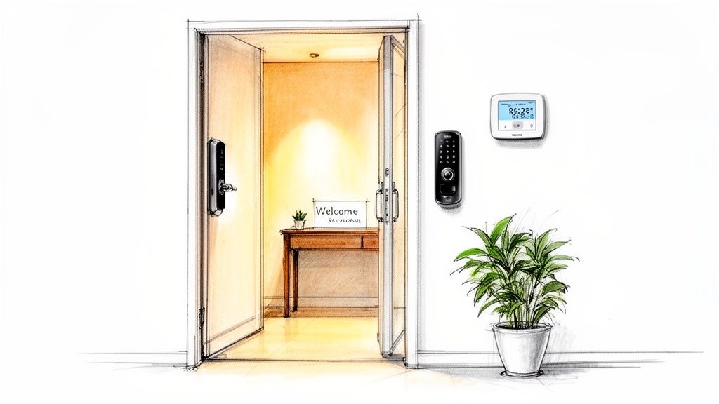 A sketch of a home entryway with an open door, a 'Welcome' sign, smart lock, and thermostat.