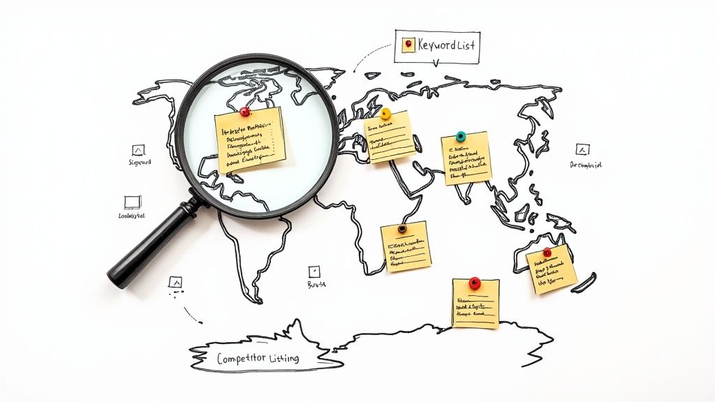 A person working on a laptop with a notebook and pen, planning a keyword strategy.