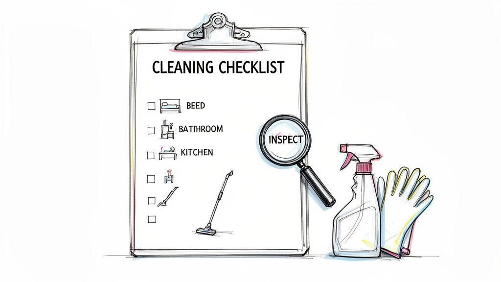 A detailed cleaning checklist on a clipboard with a magnifying glass for inspection, cleaning spray, and gloves.