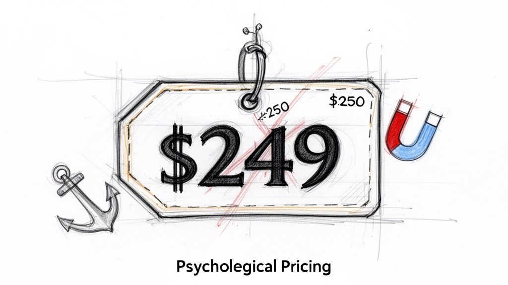 A hand-drawn price tag with $249, showing $250 crossed out, representing psychological pricing.