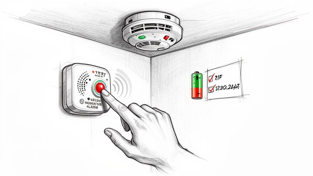 A hand presses the test button on a carbon monoxide alarm, with a smoke detector and battery checklist.
