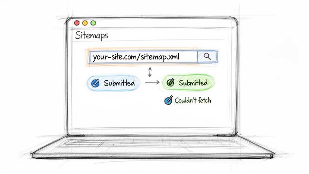 A sketch of a laptop screen showing a website sitemap submission process and status.