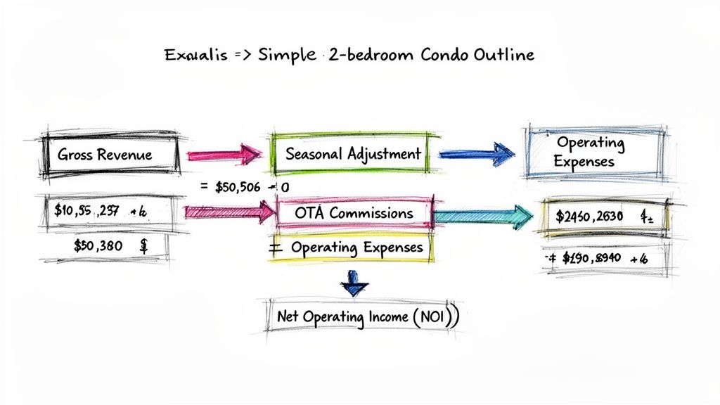 Flowchart outlining a simple 2-bedroom condo income and expense calculation leading to Net Operating Income.