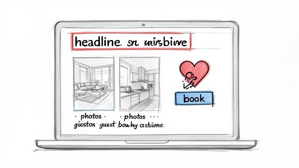 Hand-drawn laptop screen displays a webpage layout with a headline, room photos, heart icon, and 'book' button.