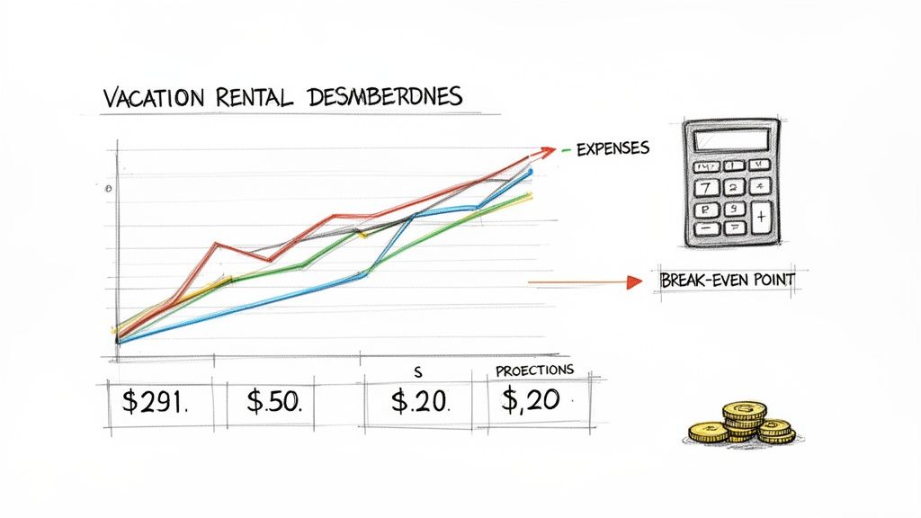 Hand-drawn graph illustrating vacation rental expenses and projections, featuring a calculator and coins.