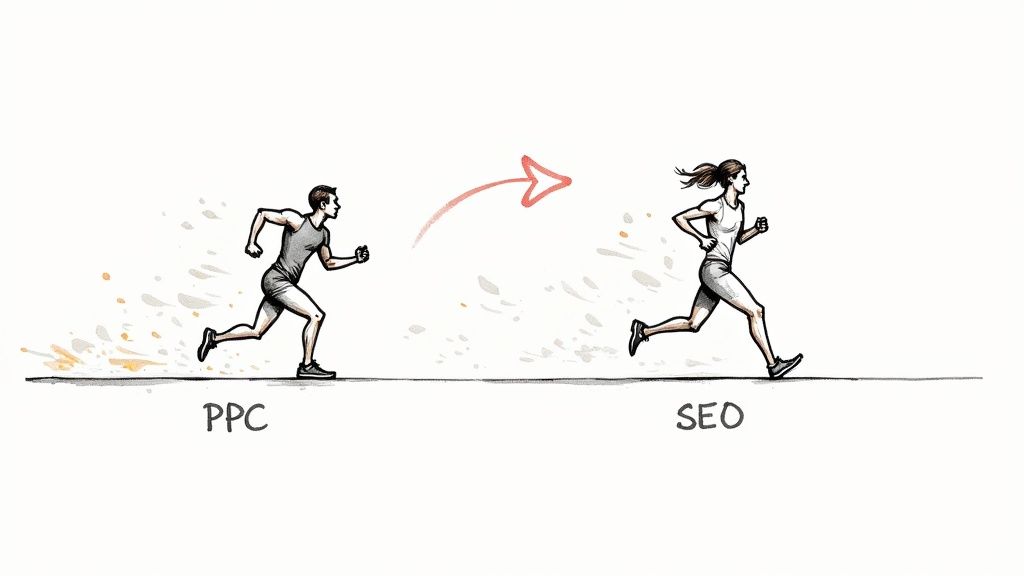 An abstract image showing two interconnected gears, one labeled 'SEO' and the other 'PPC', symbolizing their collaborative function.