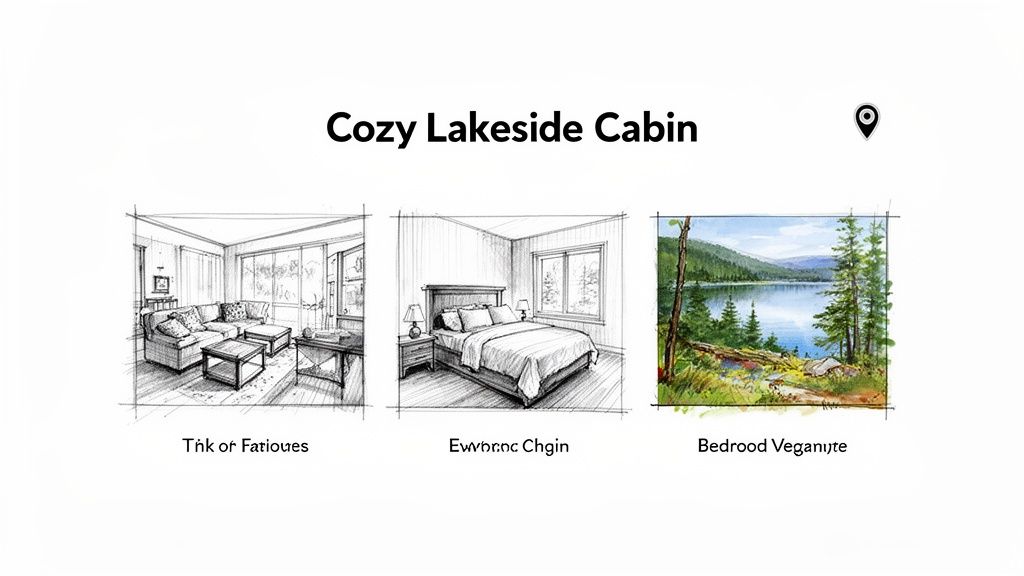 Illustrations of a cozy lakeside cabin's living room, bedroom, and scenic lake environment.