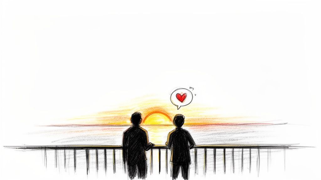 Two people, seen from behind, watch a vibrant sunset over the ocean from a railing, with a heart thought bubble.