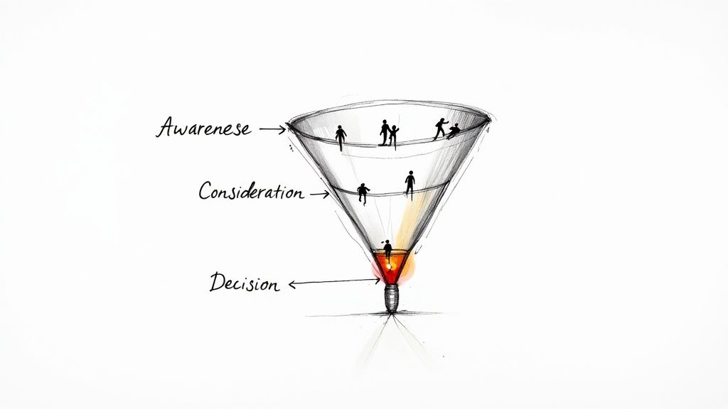 Hand-drawn sales funnel with stages: Awareness, Consideration, and Decision, showing people progressing.