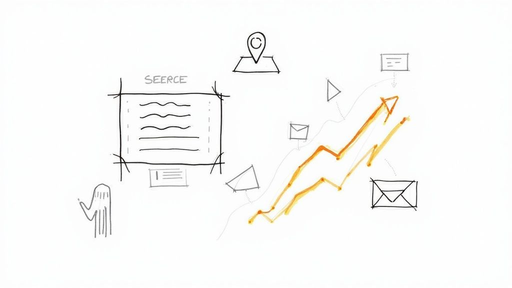 A person working on a laptop with a smartphone next to them, showing graphs and charts related to website traffic and SEO.