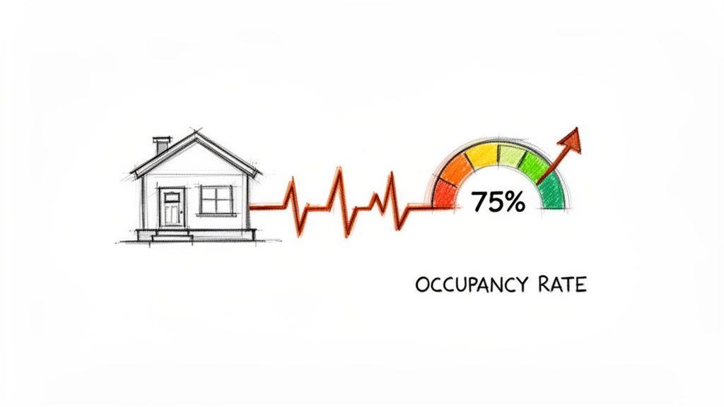 A sketched house linked by a heartbeat line to a gauge showing 75% occupancy rate.