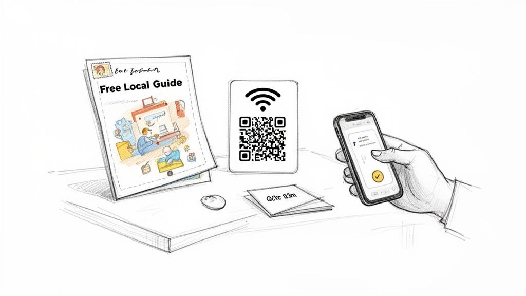 A sketch of a local guide booklet, a QR code with Wi-Fi, and a hand holding a smartphone.