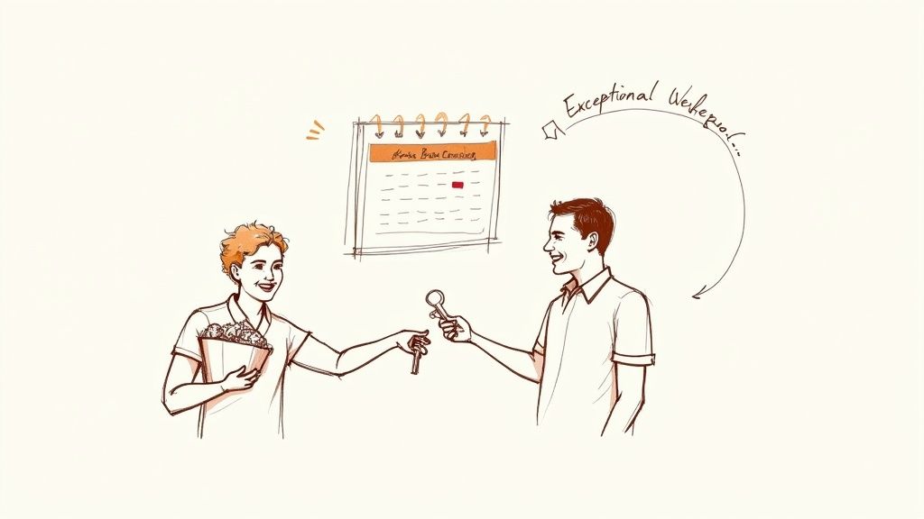 A welcome basket with wine, cheese, and fruit on a wooden table in a vacation rental.