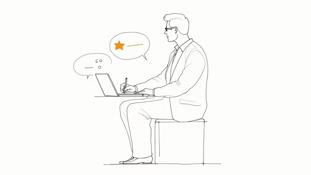 Line art of a man in a suit writing on a laptop, with a star rating thought bubble.