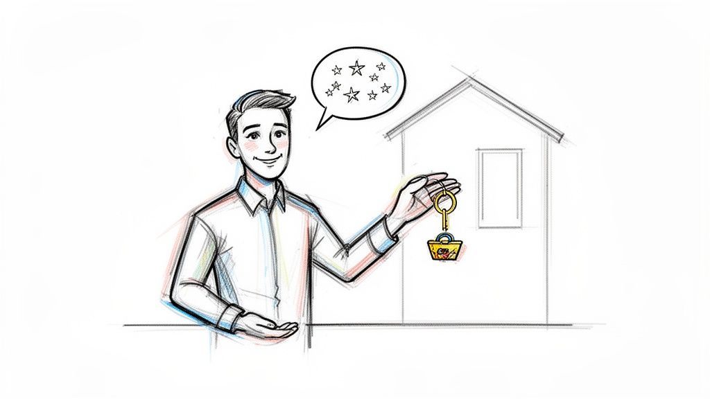 Smiling man holding a key with a shopping cart keychain, house outline, and stars indicating satisfaction.