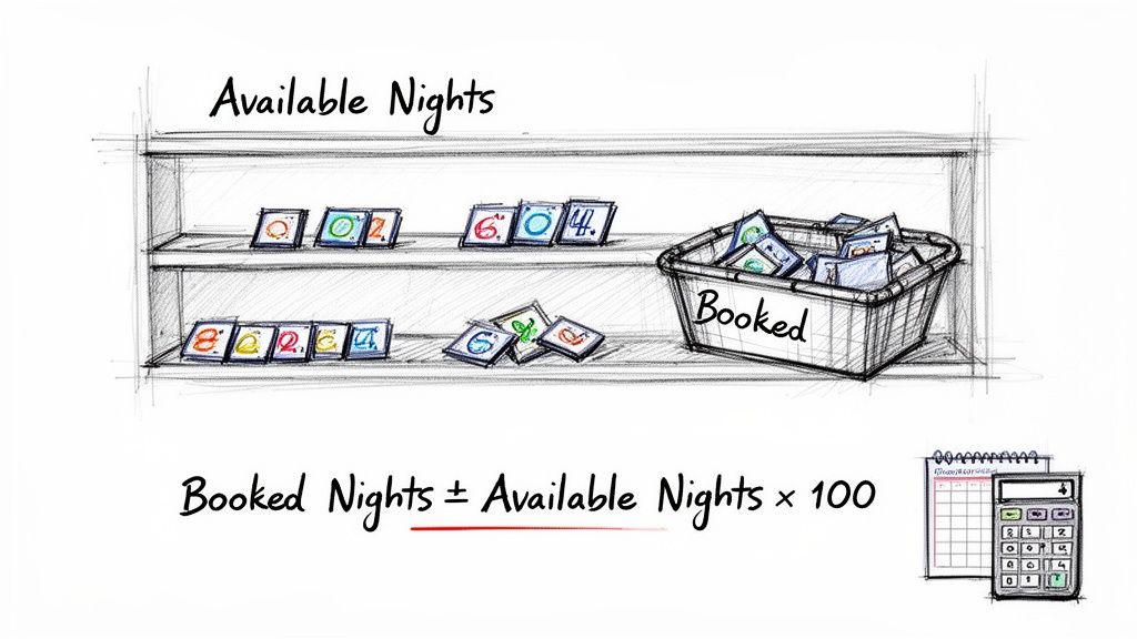 A sketch illustrates vacation rental inventory: available nights on shelves, booked nights in a basket, and an occupancy rate formula.