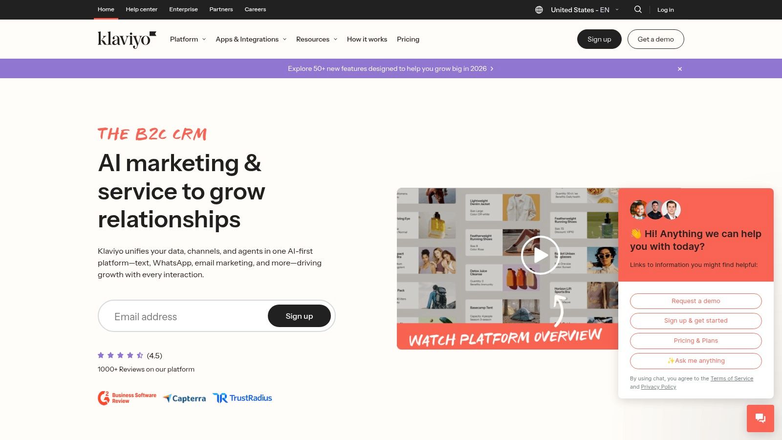 Klaviyo's homepage highlighting its data-driven marketing features.