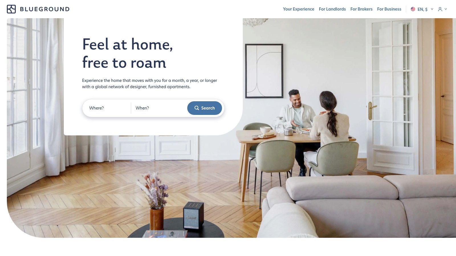 Blueground website showing a stylish, furnished apartment interior with booking details and amenities listed
