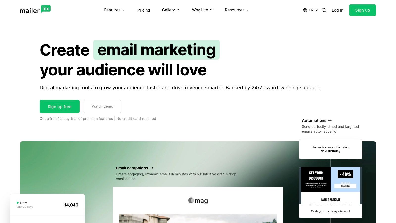 MailerLite's homepage showcasing its brand and features.