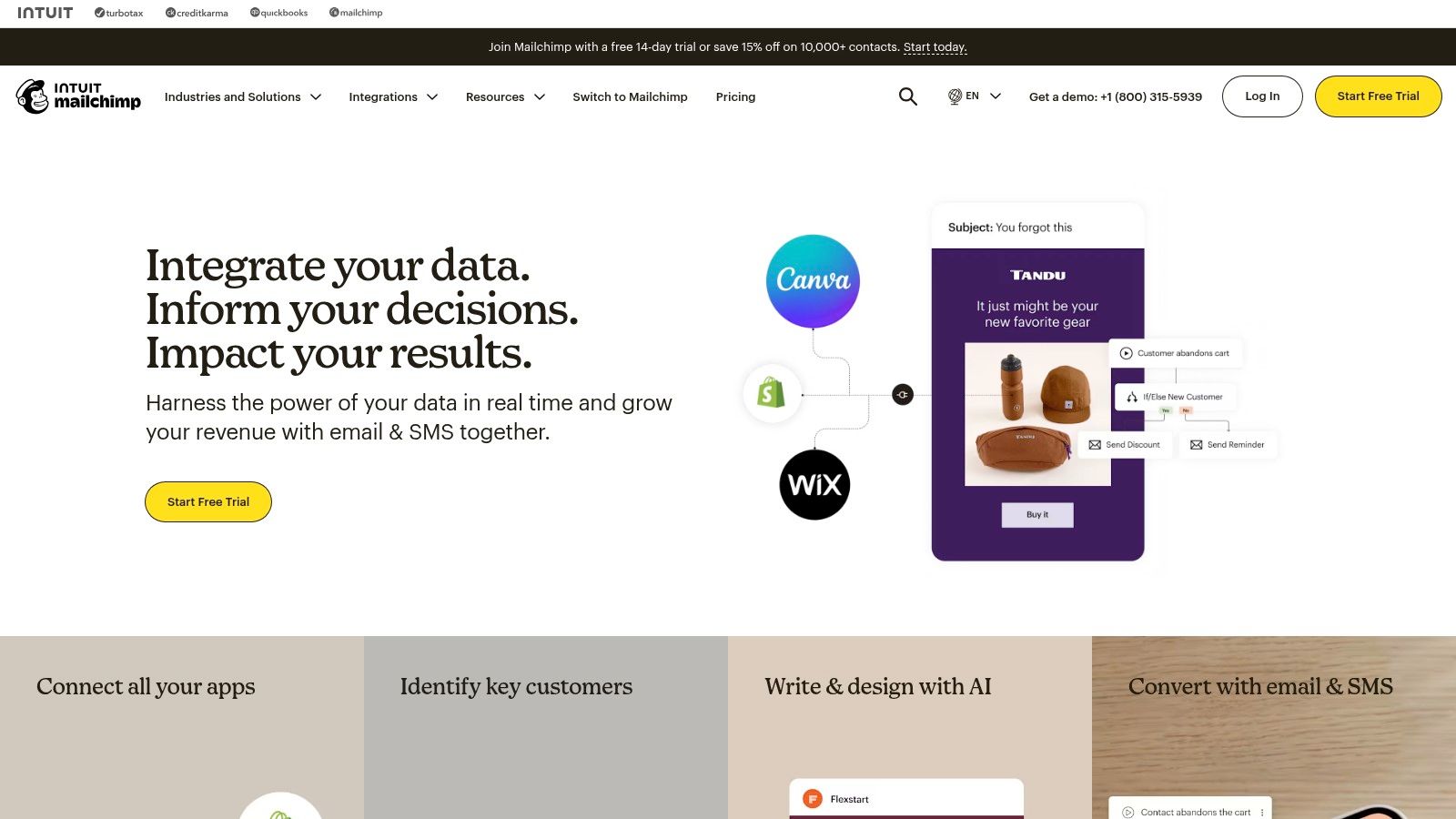Mailchimp's homepage showcasing its brand and features.