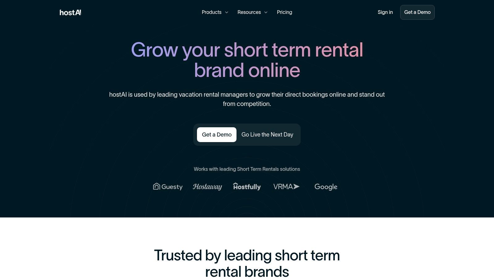 hostAI website showcasing its features for short-term rental marketing automation