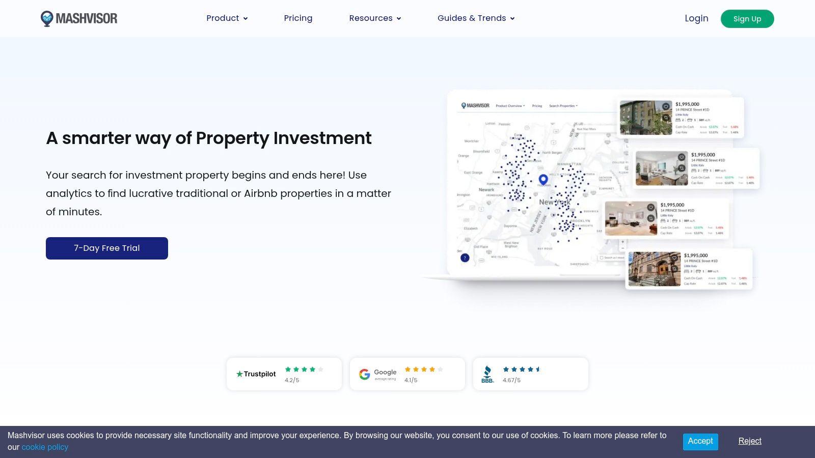 Mashvisor's Airbnb analytics tool displaying investment potential and rental comps for a property.