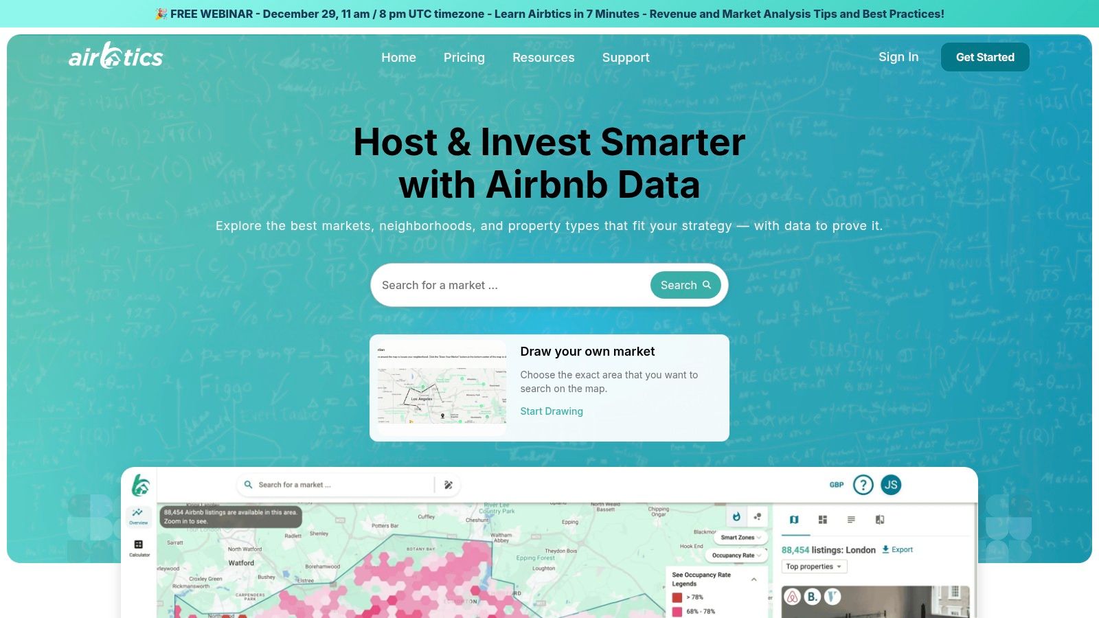 Airbtics market explorer showing neighborhood-level data on a map.