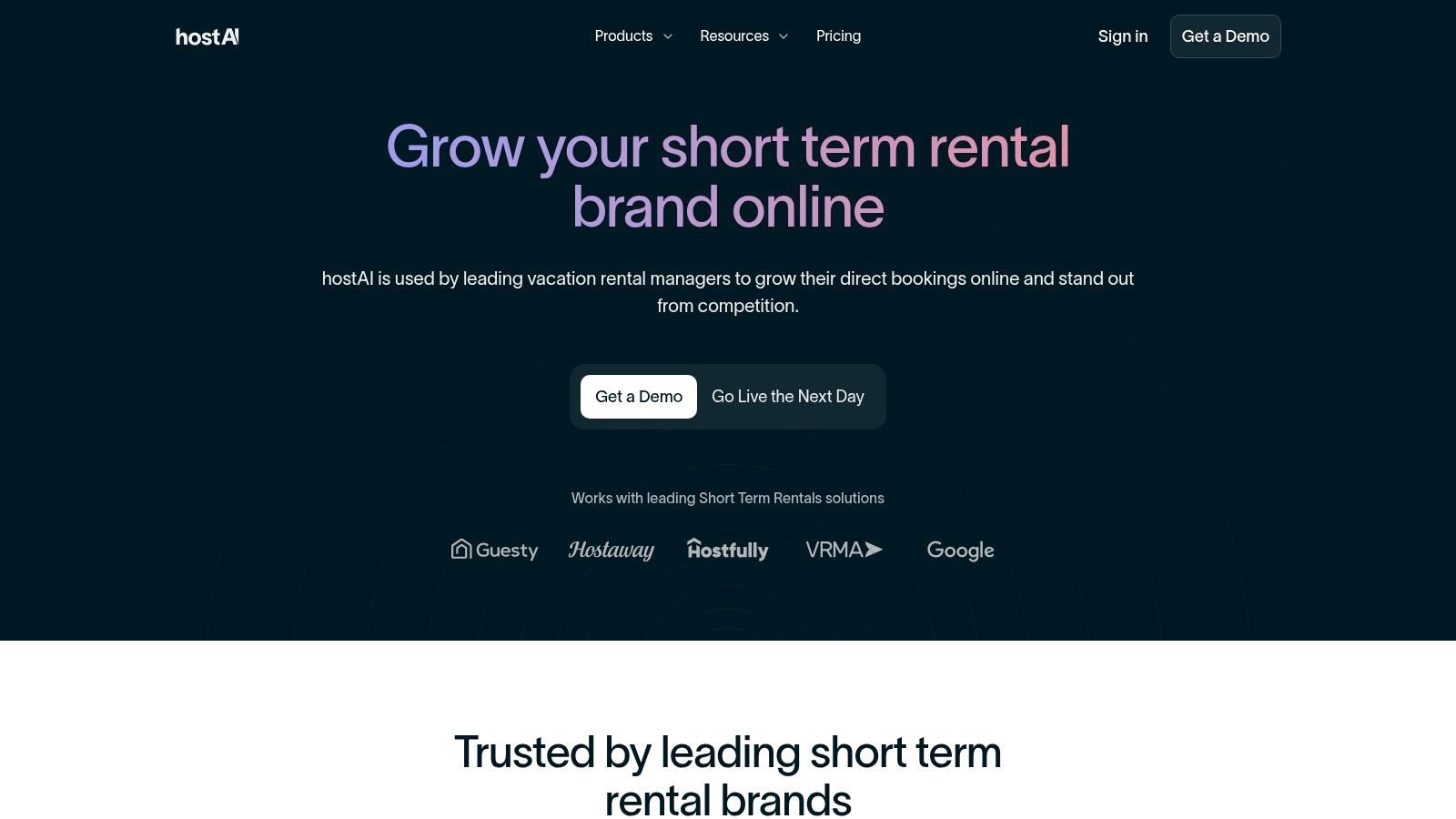 hostAI platform features for vacation rentals: website design, guest email marketing, and automated ad campaigns.