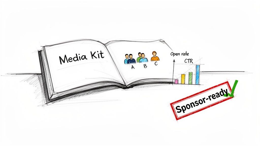 Hand-drawn Media Kit with audience profiles, performance metrics (open rate, CTR), and a 'Sponsor-ready' checkmark.