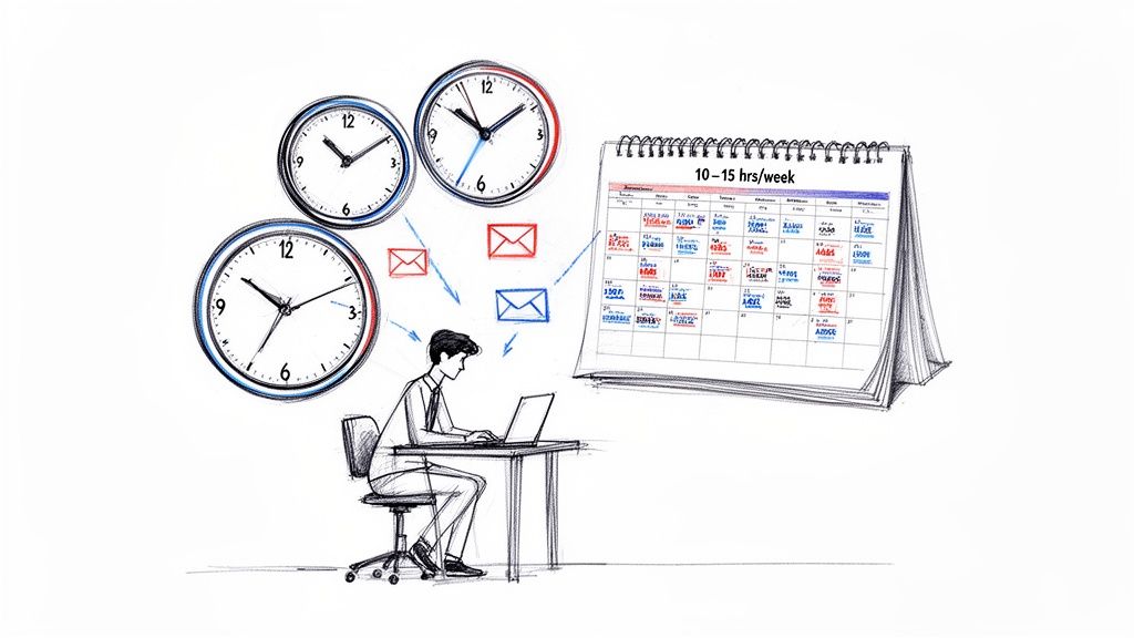 An illustration of a person managing tasks on a laptop with clocks, emails, and a calendar showing 10-15 hours/week.