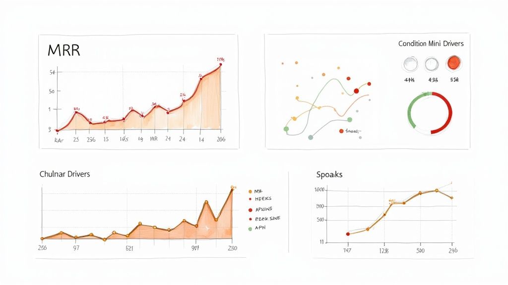 A well-designed Excel dashboard on a laptop screen, showing various SaaS KPIs with clean charts and graphs.