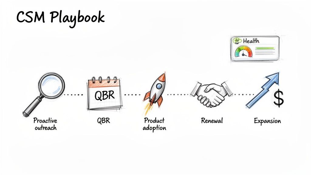 A diagram outlining the CSM Playbook workflow, including proactive outreach, QBR, product adoption, renewal, and expansion.