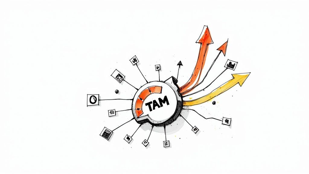 A hand-drawn diagram illustrating TAM (Total Addressable Market) with growth arrows and connected elements.